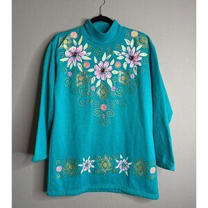 VTG Cristin Steven’s Sport Medium Mock Neck Blue Floral Sweater Glitter Jewels